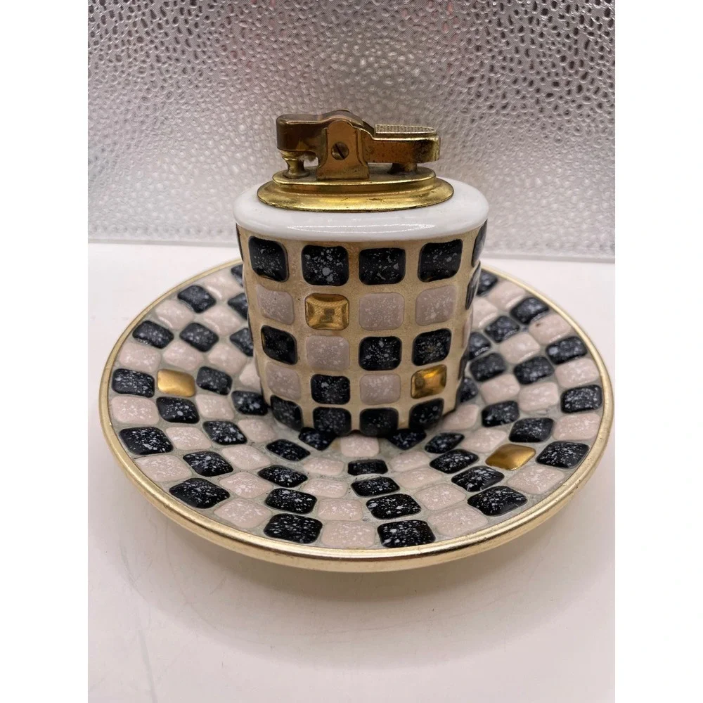 Vtg Mid Century Penguin Japan Mosaic Lighter and Ashtray Set Black‎ White Gold